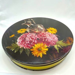Vintage Round Cookie Candy Metal Tin Container Flowers and Coffee Tea Pot